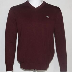 Lacoste Men's Long Sleeve V Neck Cotton Jersey Sweater Burgundy 3-Small NWT